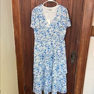 Grace Karin Blue and White Floral Tiered Midi Dress